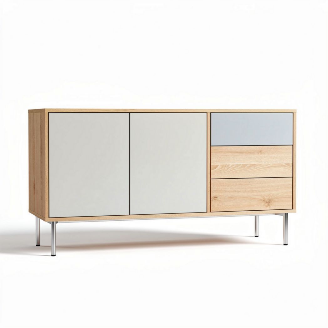 Kasten met deurtjes en lades in hout en grijs 120 x 40 x 75cm