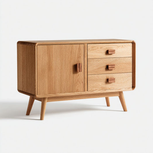 Berkenhouten dressoir van 120 x 40 x 75cm met strakke ontwerpen en metalen poten
