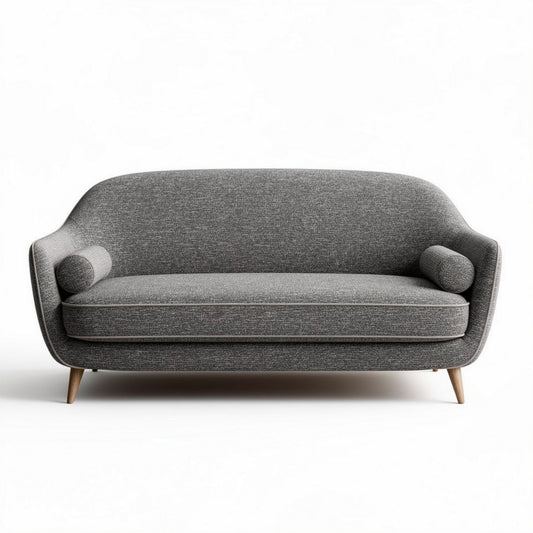 Grijze stoffen bank met houten poten en ronde kussens 180 x 80 x 75cm
