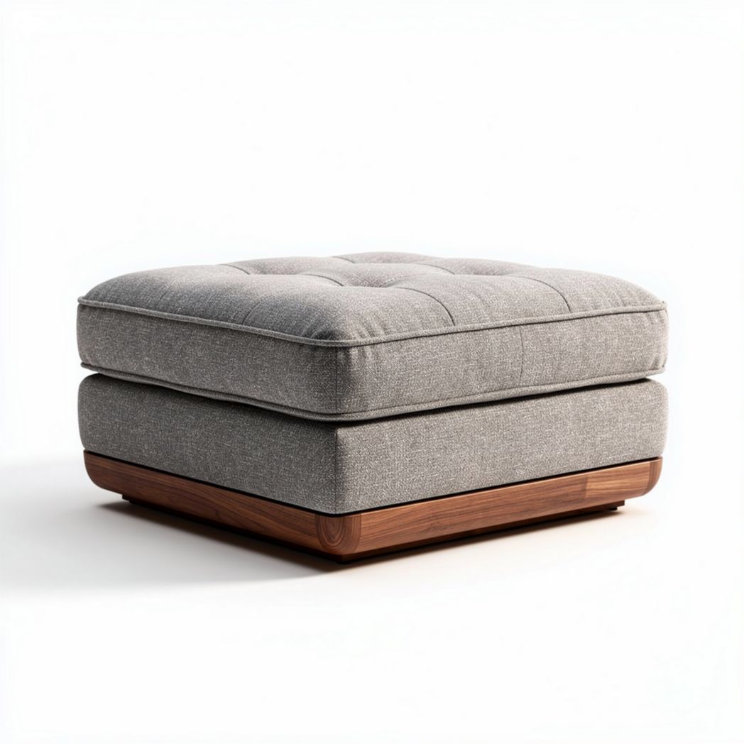 Hedendaagse voetbank in grijs stof met houten voet en afmetingen 60 x 60 x 30cm