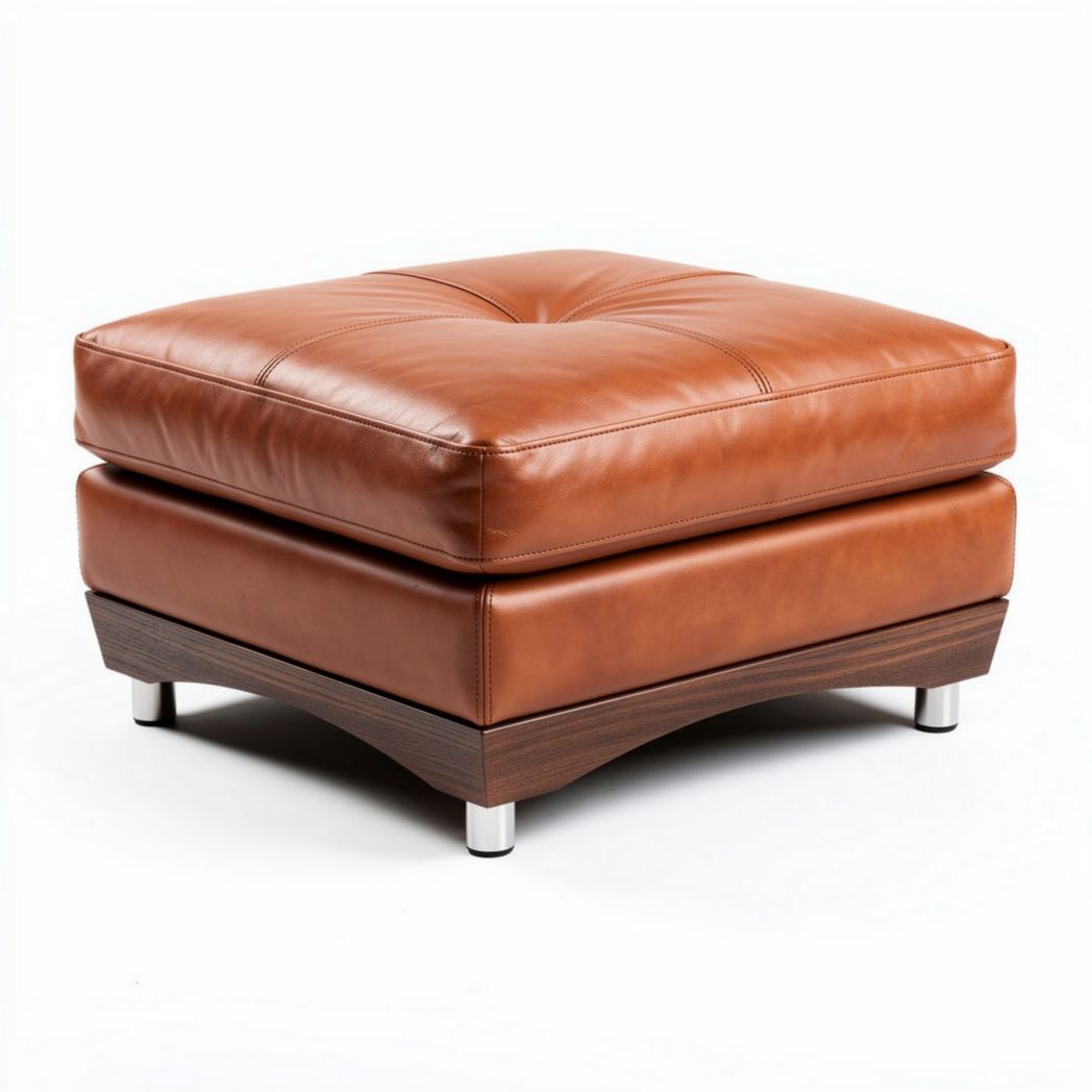 Houten lederen ottoman 60 x 60 x 40cm bruin met verchroomde poten