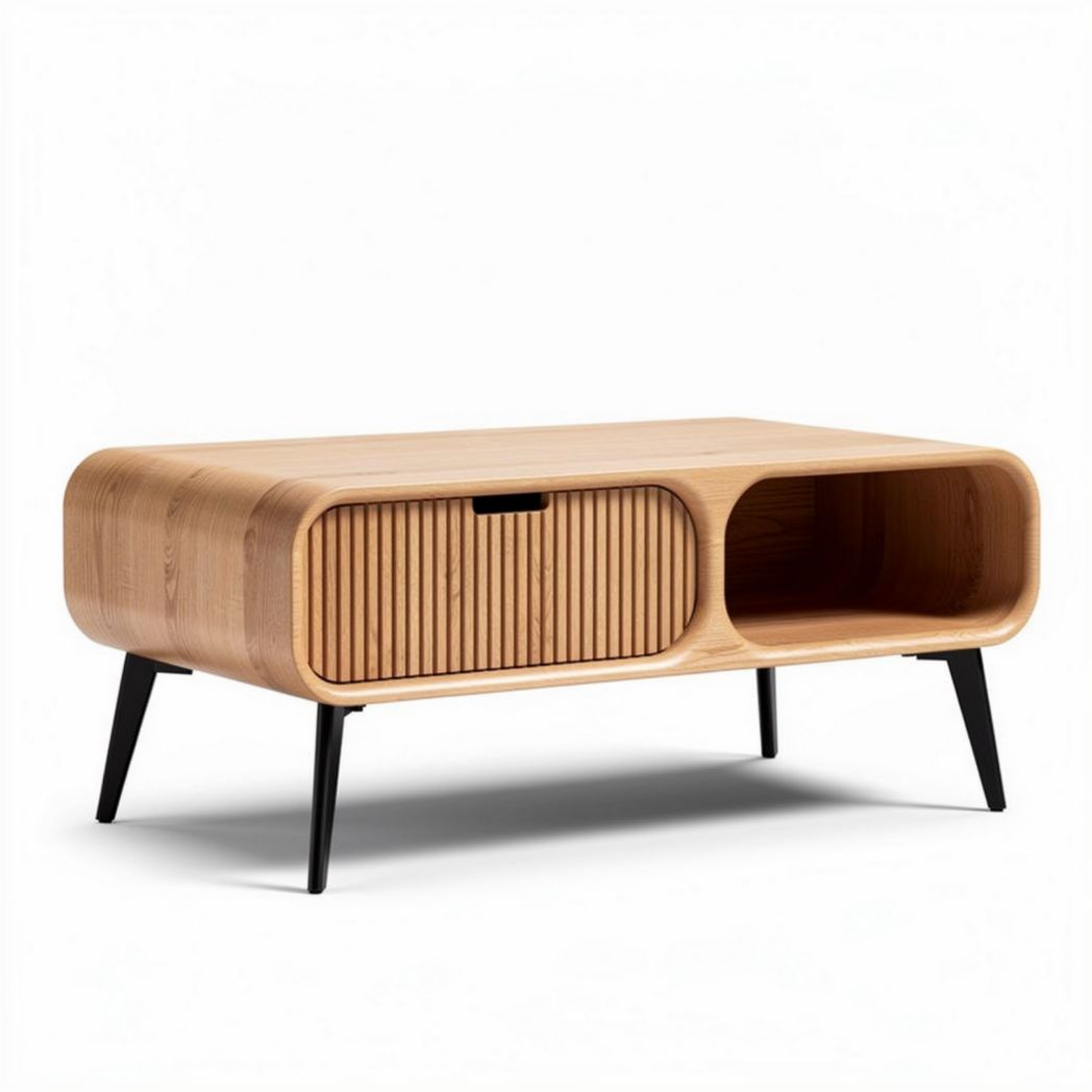 Houten salontafel met opbergruimte en zwart metalen poten 120 x 60 x 45cm
